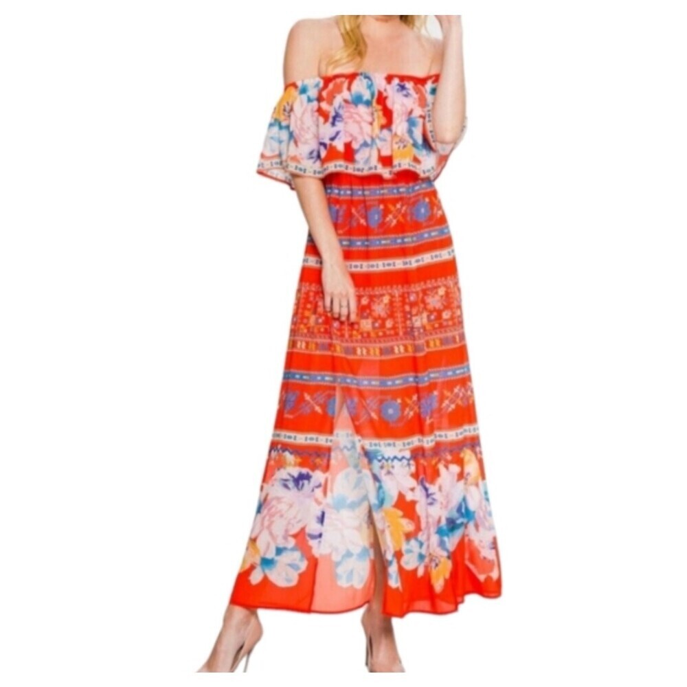Jealous Tomato midi dress off shoulder orange BoHo floral Aztec print NEW SZ XS